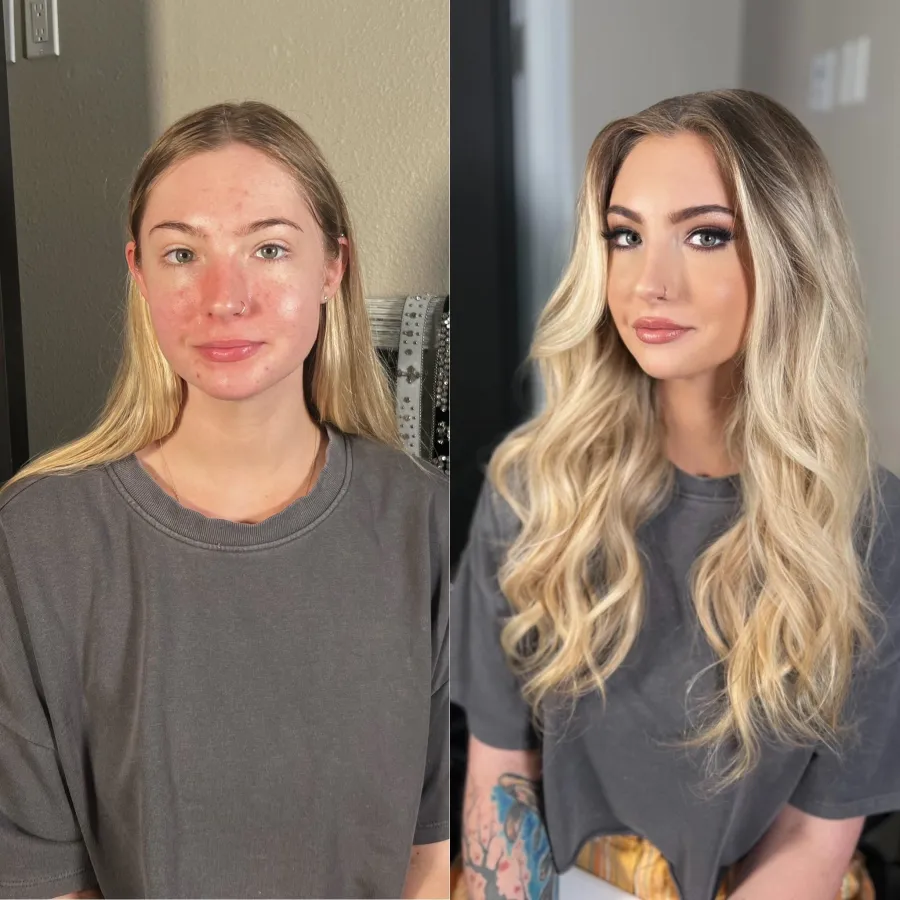Before and after: bronzed glam makeup with long, loose waves added to straight hair