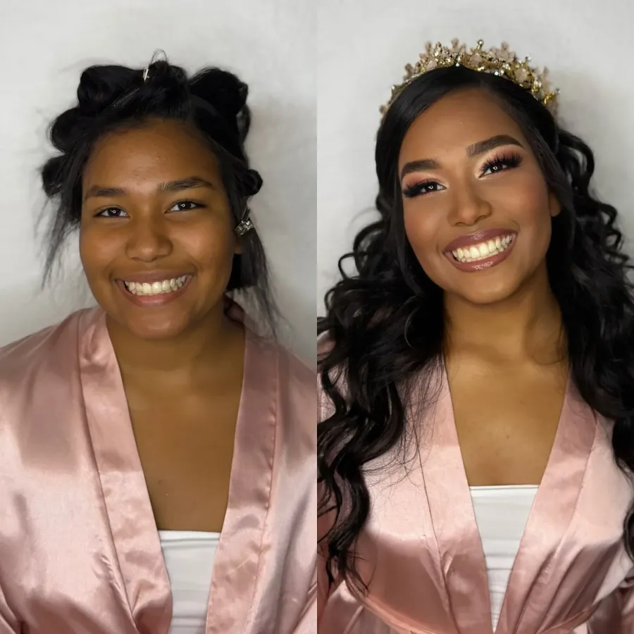 Before and after: quinceanera hair and makeup, finished with a crown and long curls