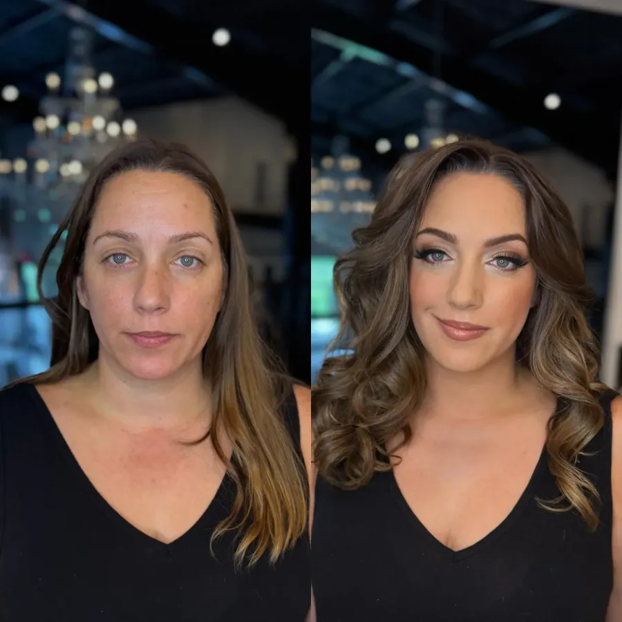 Before and after: mother of the bride with soft curls and a defined eye, photographed at the venue