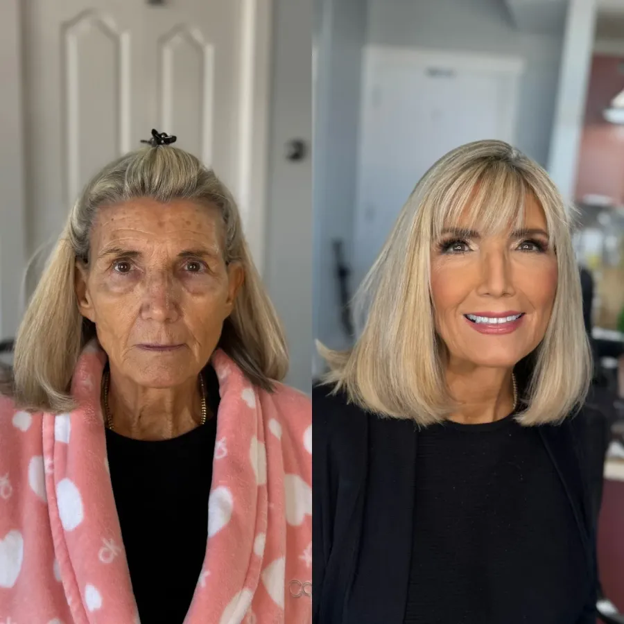 Before and after: grandmother of the bride with a soft blonde blowout, bangs and warm glam makeup