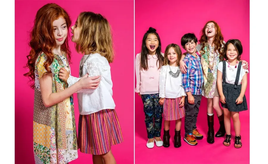 Group of child models in a kids clothing campaign photographed on pink