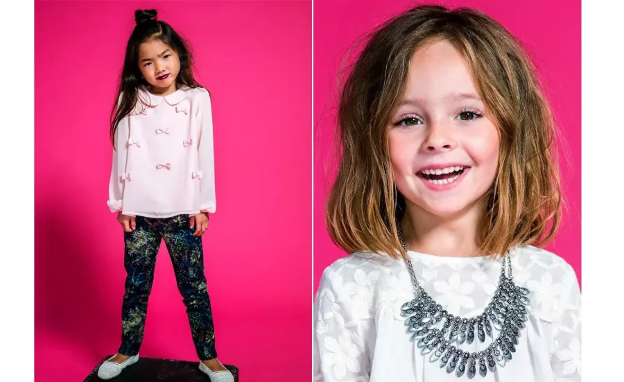 Two girls in a kids clothing campaign, one in a statement necklace