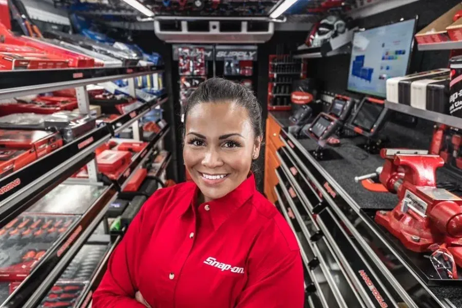 Snap-on campaign portrait shot inside the tool truck showroom