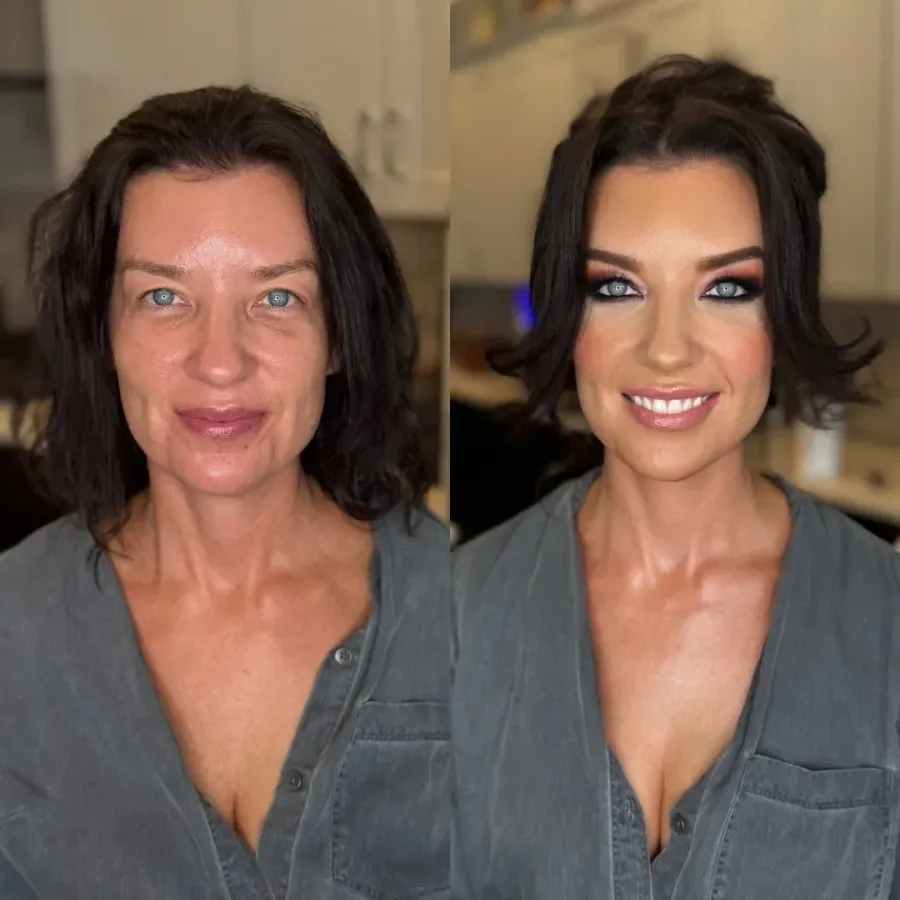 Before and after: black tie makeup with a defined eye and polished hair
