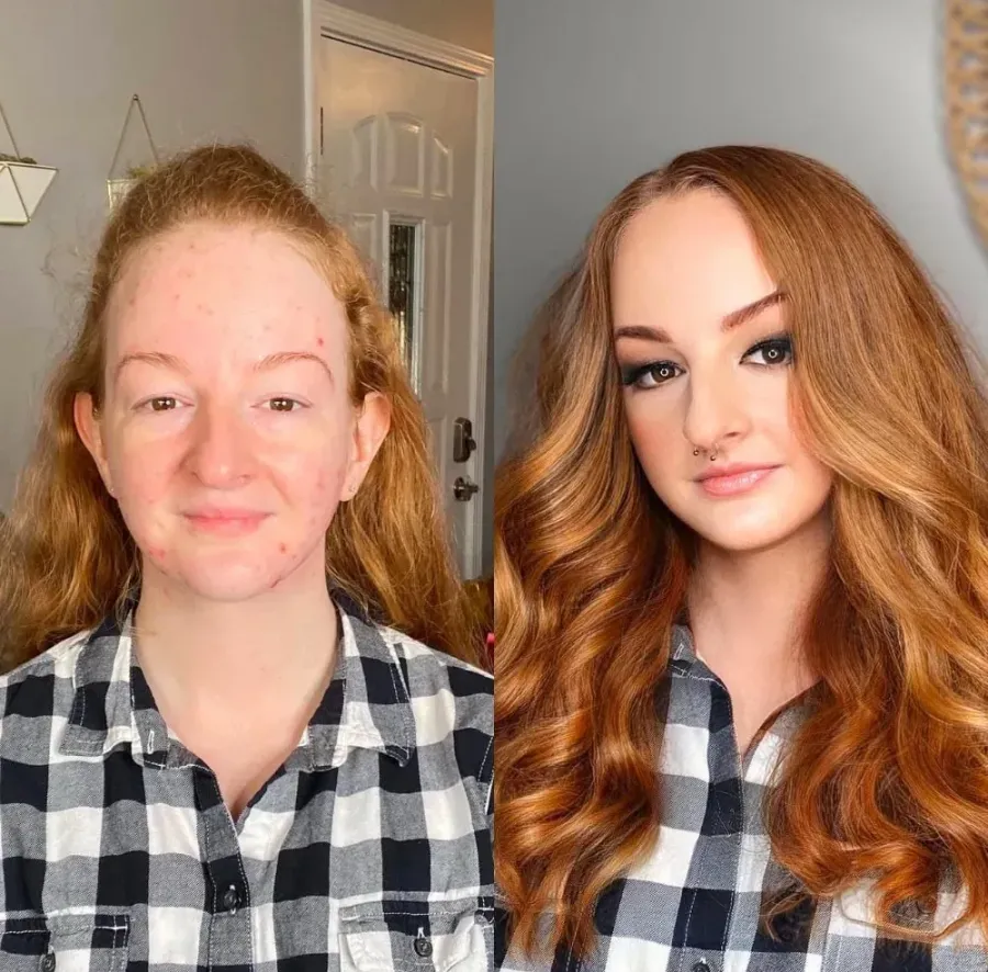 Before and after: freckled fair skin evened with airbrush makeup and copper waves