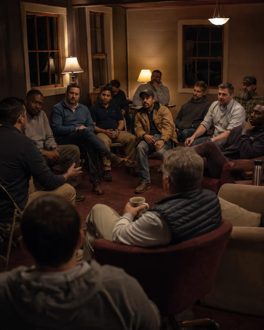 Men from different walks of life seated in a circle in a camp lodge at night, listening as one of them speaks