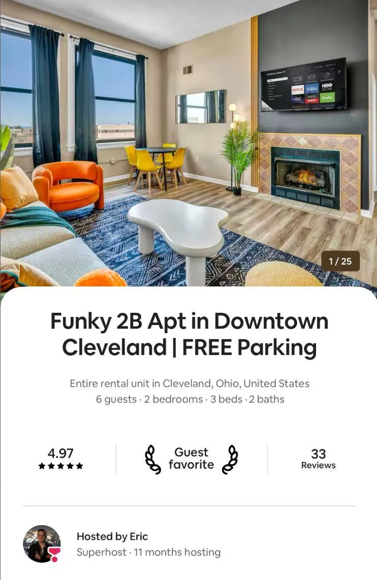 Airbnb listing screenshot: Funky 2B Apt in Downtown Cleveland, rated 4.97 with 33 reviews, Guest favorite, hosted by Eric, Superhost