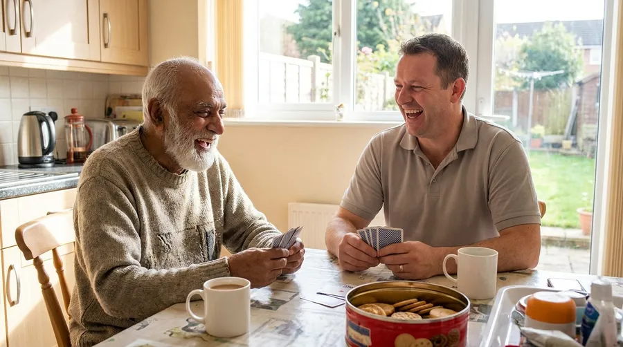 A senior man and a visitor laughing over a game of cards at his kitchen table