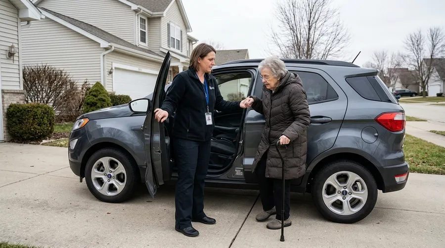 A caregiver helping a senior woman into a car