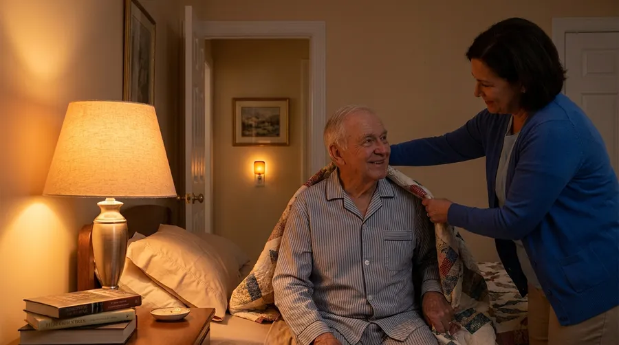 Caregiver helping a senior man settle in for the night by his bedside lamp