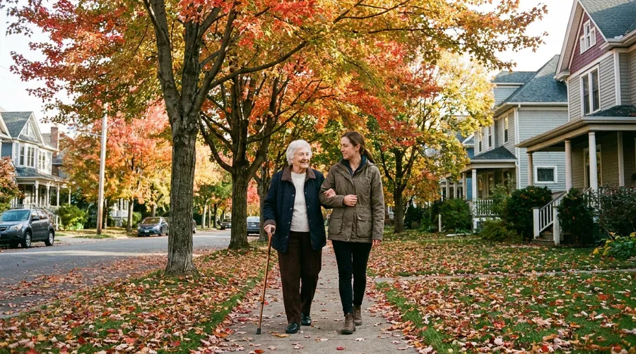 A caregiver walking arm in arm with a senior woman on an autumn street in Ottawa
