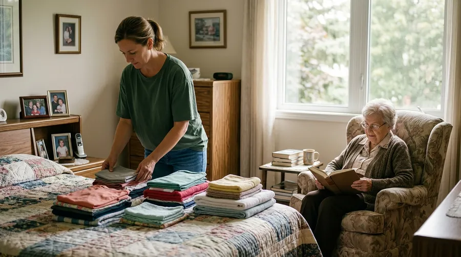 A caregiver folding fresh linens while a senior woman reads in her armchair