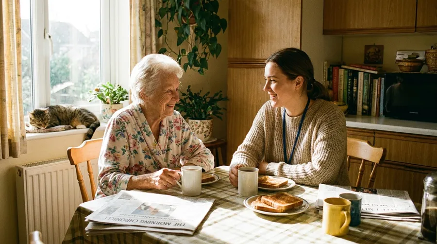 Caregiver having tea and toast with a smiling senior woman at her kitchen table