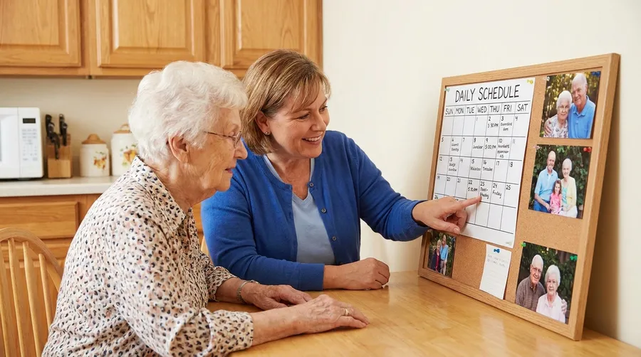 Caregiver and a senior woman planning the week on a daily schedule board