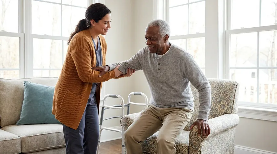 A caregiver helping a senior man stand up from a sofa with a walker