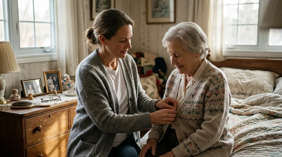 Caregiver gently helping a senior woman with her cardigan in her bedroom