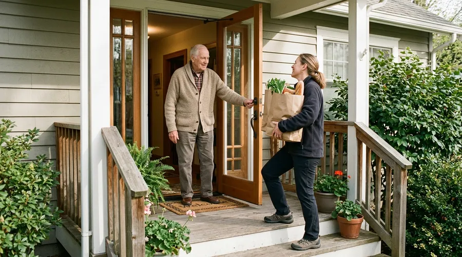 A senior man greeting a visitor at his front door on a winter day