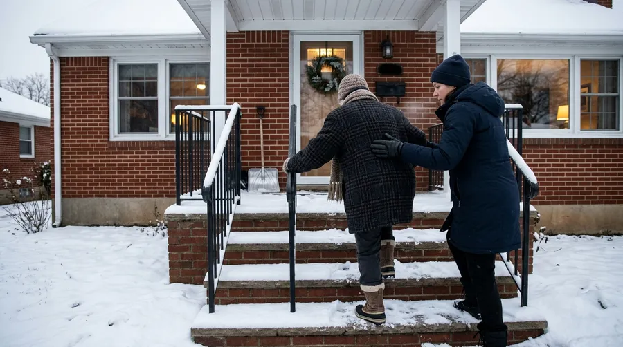 A caregiver helping a senior up snowy front steps in Ottawa