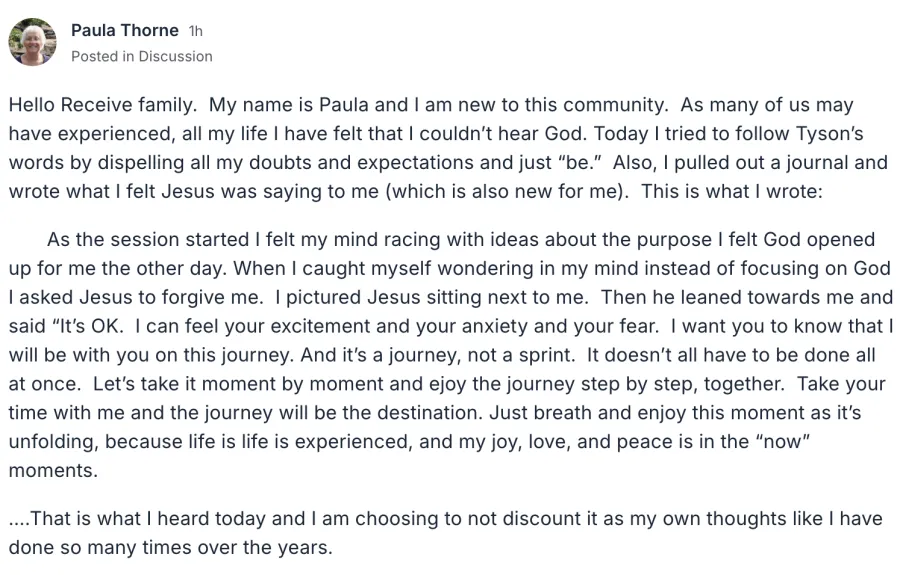Message from Paula Thorne describing writing down what she heard from Jesus for the first time