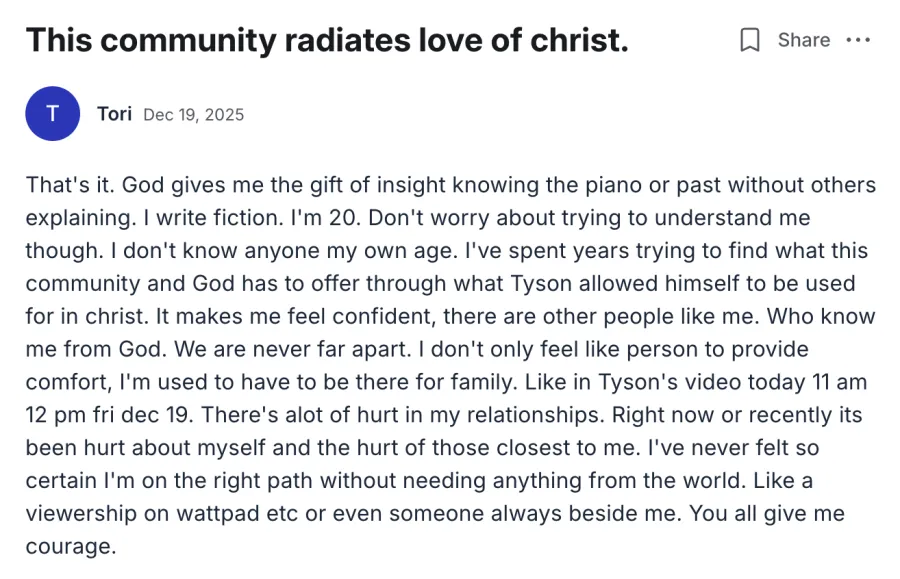 Message from Tori titled This community radiates love of Christ