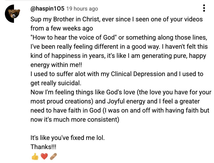 Message describing renewed hope and happiness after watching a video on hearing God's voice