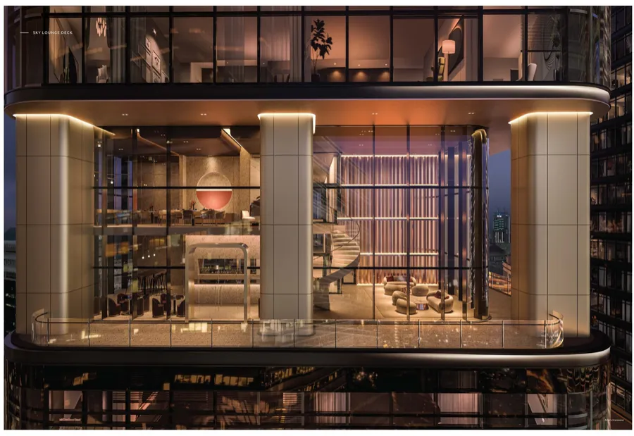 Sky lounge deck exterior lit at dusk, CloutHaus, artist's impression
