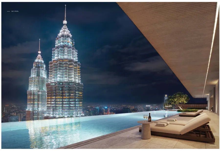 Infinity sky pool framing the illuminated Twin Towers, CloutHaus, artist's impression