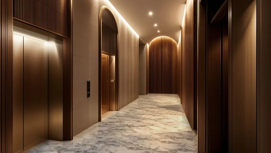 Arched residential lift lobby in fluted timber, Centrix The Station, artist's impression