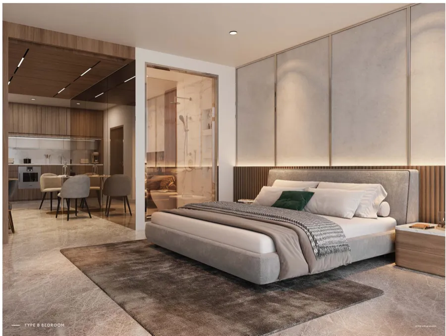 Type B bedroom with fluted timber headboard wall, CloutHaus, artist's impression
