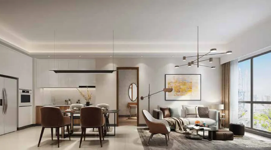 Open-plan kitchen and living room, two-bedroom home, Core Residence, artist's impression