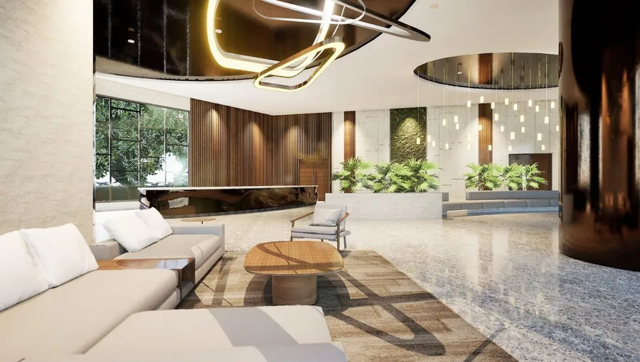Grand lobby in stone and timber with a planted wall, Centrix The Station, artist's impression