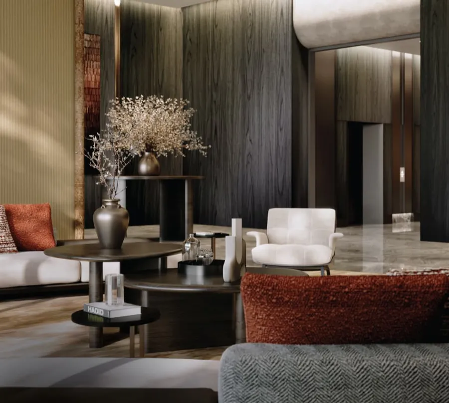 Lobby seating in timber and stone, Enlace Suites 2, artist's impression
