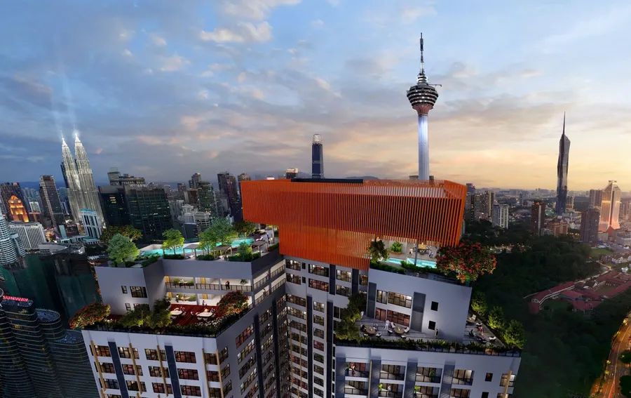 Sky deck at dusk between two landmark towers, Centrix The Station, artist's impression