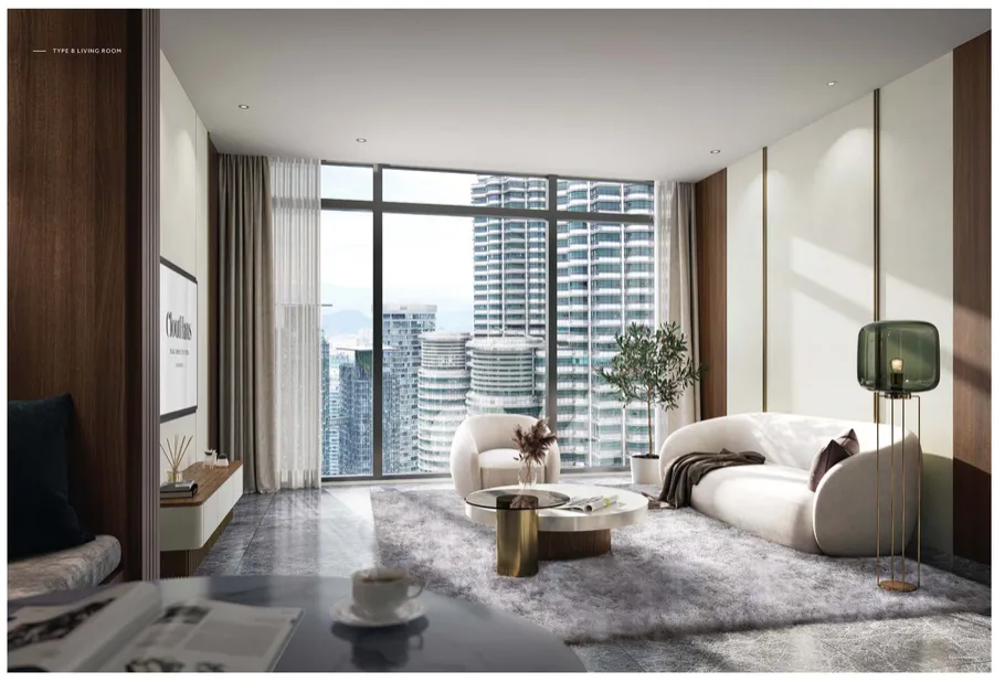Type B living room with marble floor and city glass, CloutHaus, artist's impression