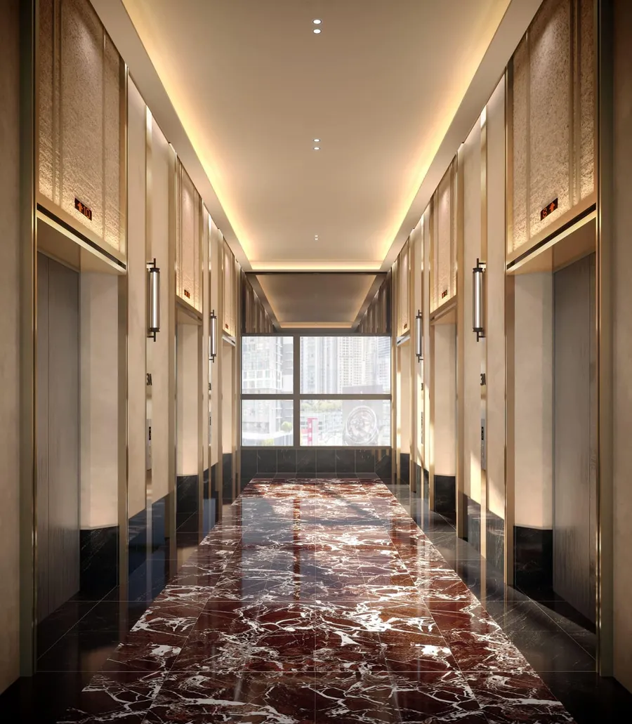 Lift lobby with six lifts, Phoeniz Suites, artist's impression