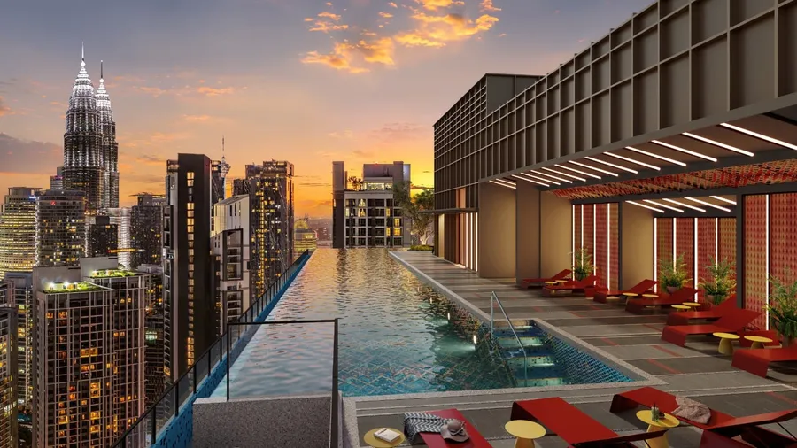 Sky infinity pool at dusk, facing the Twin Towers, Phoeniz Suites, artist's impression