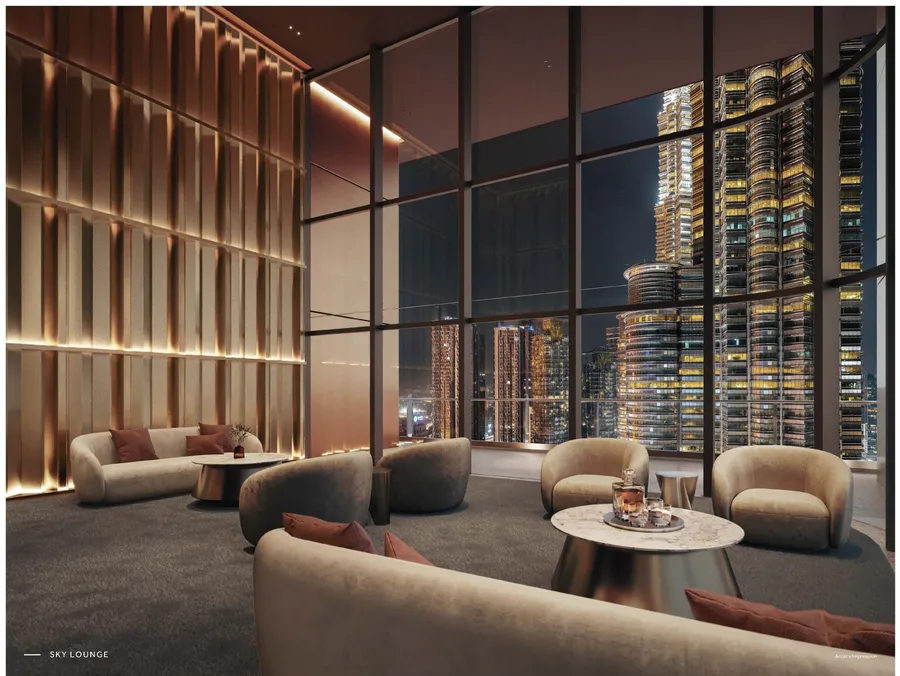 Double-height sky lounge with fluted light wall, CloutHaus, artist's impression