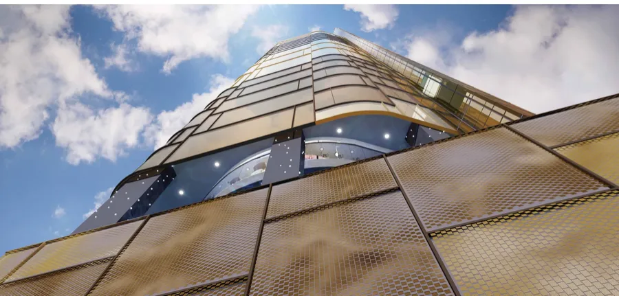 The gold mesh facade from below, Orion Residence, artist's impression