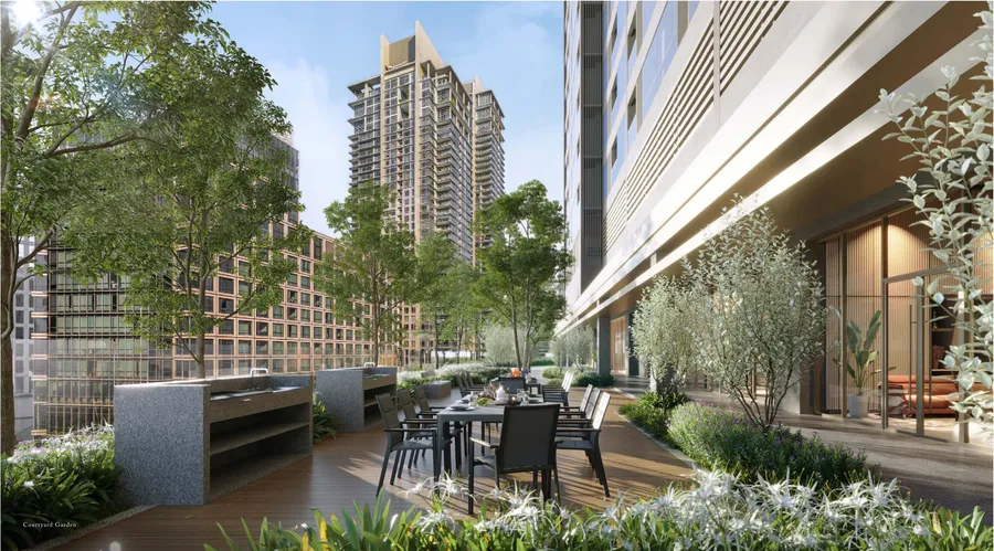 Courtyard garden with outdoor kitchen on Level 12, Pavilion Square, artist's impression
