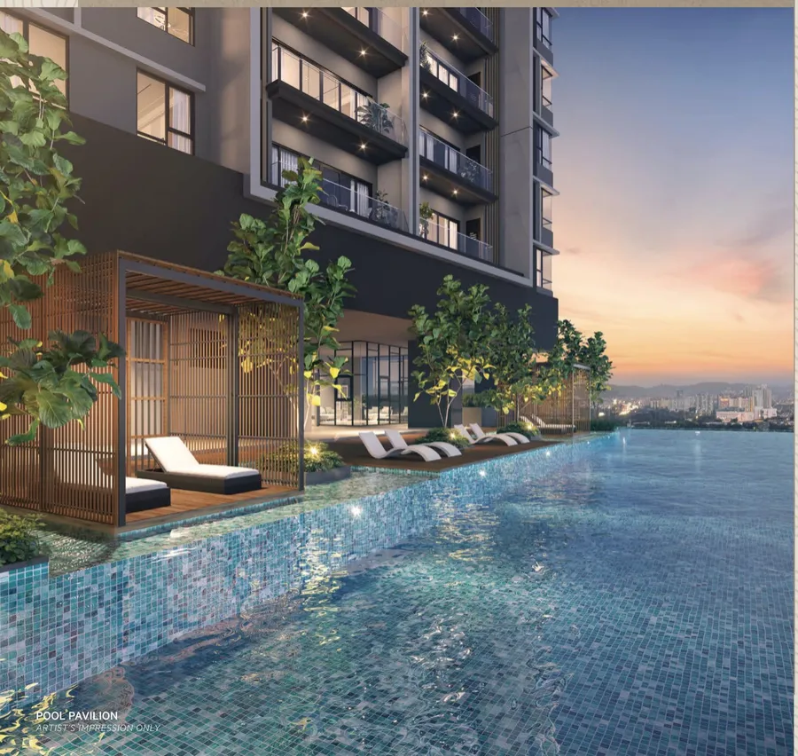 Pool pavilion at dusk, OAKA Residences, artist's impression