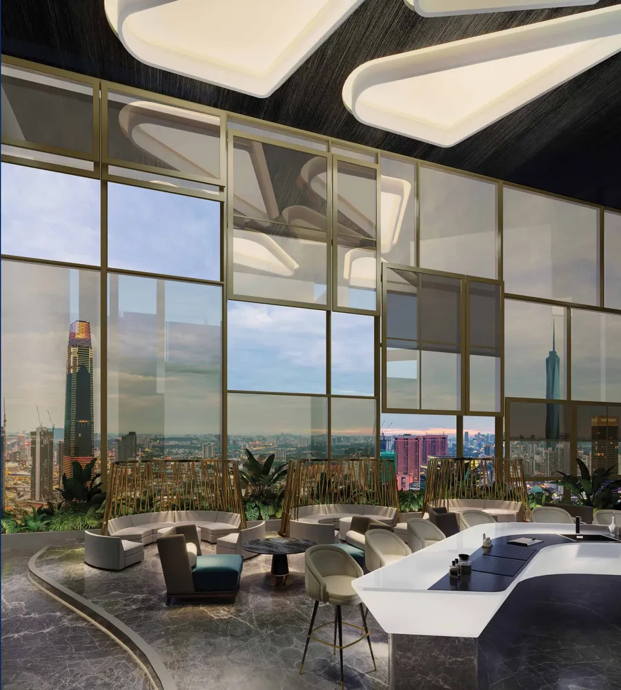 Sky Living lounge with glazed walls, Orion Residence, artist's impression