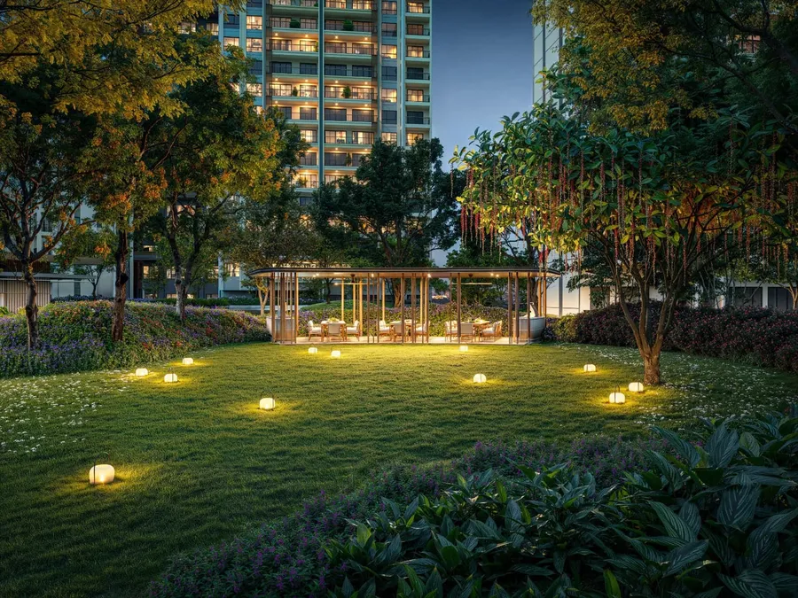 Gardens and pavilion at dusk, Zenia Parkhomes, artist's impression