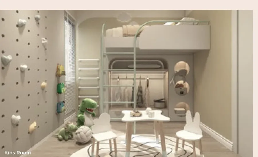 Bedroom fitted as a children's room in the show unit, The Atas, artist's impression