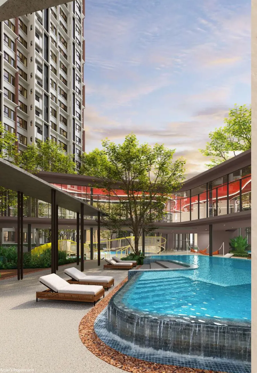 Sun deck beside the pool, The Queenswoodz, artist's impression