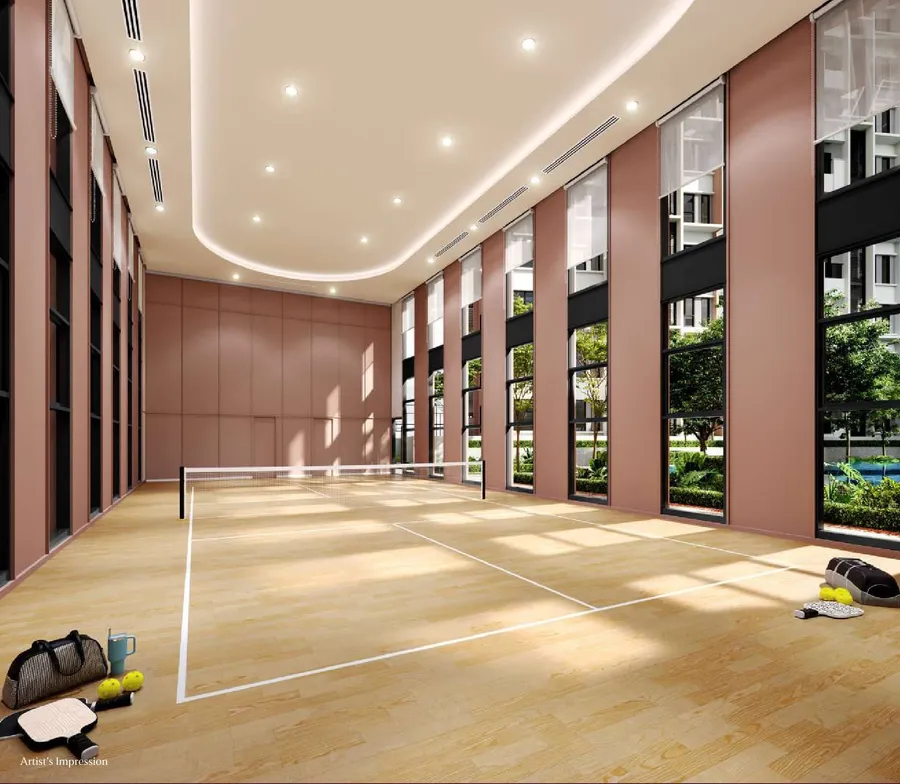 Indoor hall set up for badminton, The Queenswoodz, artist's impression
