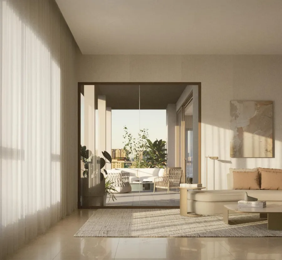 Living room opening to the balcony, The Eden, artist's impression