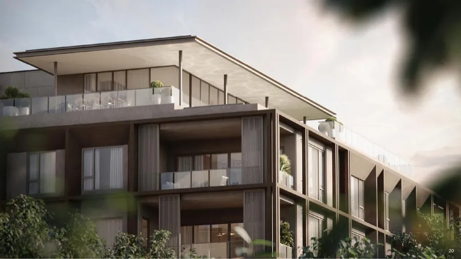Low-rise blocks with timber screens and terraces, The Eden, artist's impression