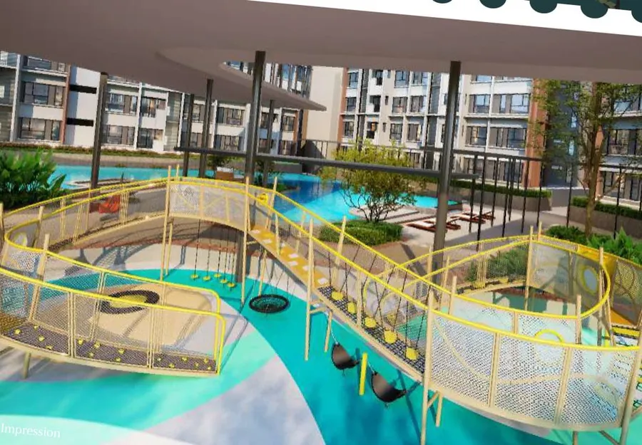 Children's play area by the splash pool, The Queenswoodz, artist's impression