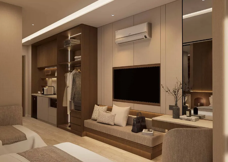 Type A: wardrobe wall, desk and TV, MABA Suitez, artist's impression
