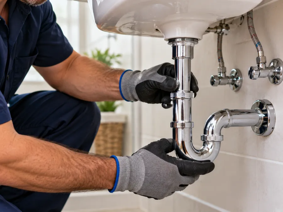 Plumber repairing pipes under a sink